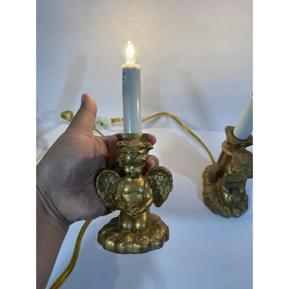 2 Vintage Angel Cherub Electric Candle Lamps Gold Tone‎ Working